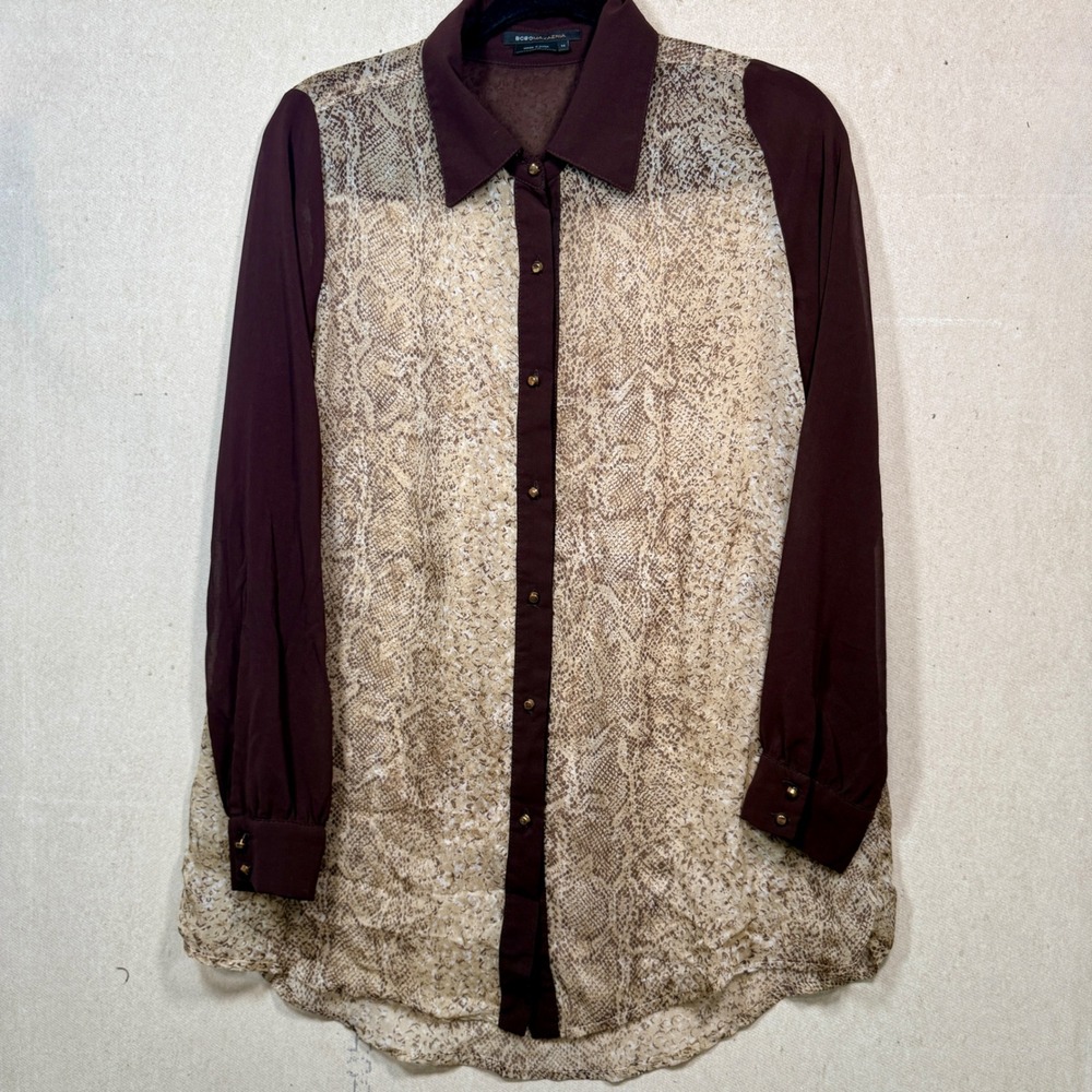 BCBGMAXAZRIA Womens Sheer Snakeskin Print Button Down Blouse Burgundy Brown M